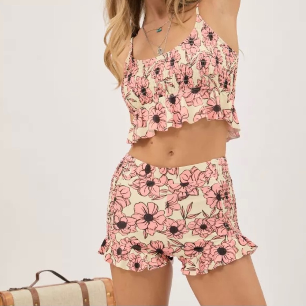 New Floral Printed Tankini Set Pink